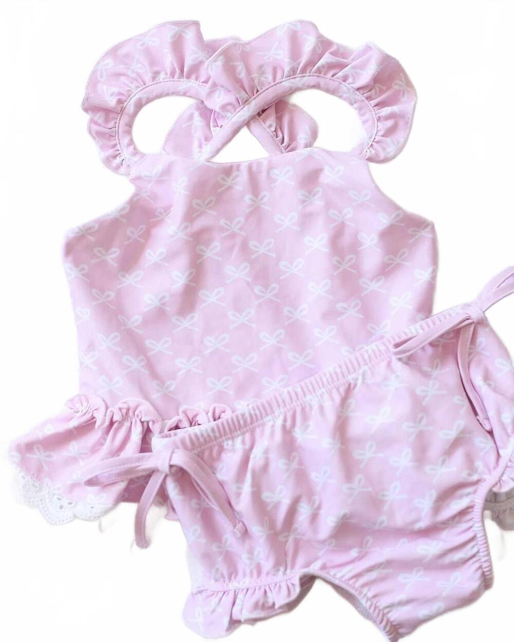 NEW CHARLIES PROJECT girls pink bonnet bows 2 piece swimsuit in pink/ white